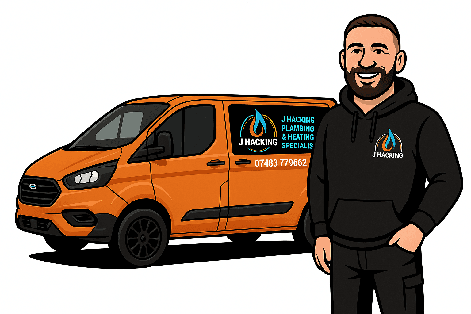 Illustration of James Hacking with the J Hacking Heating & Plumbing van